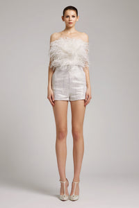 Ostrich Feather Embellished Strapless Top in White