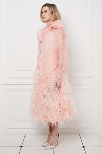 Ostrich Feather Embellished Silk Gazar Skirt in Pink