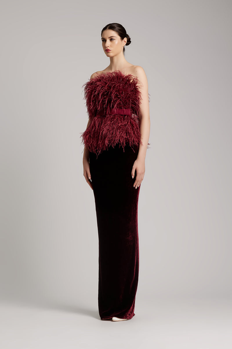 Ostrich Feather Embellished Strapless Peplum Top in Rosewood