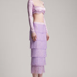 Tiered Crystal Fringe High Waisted Skirt in Lilac