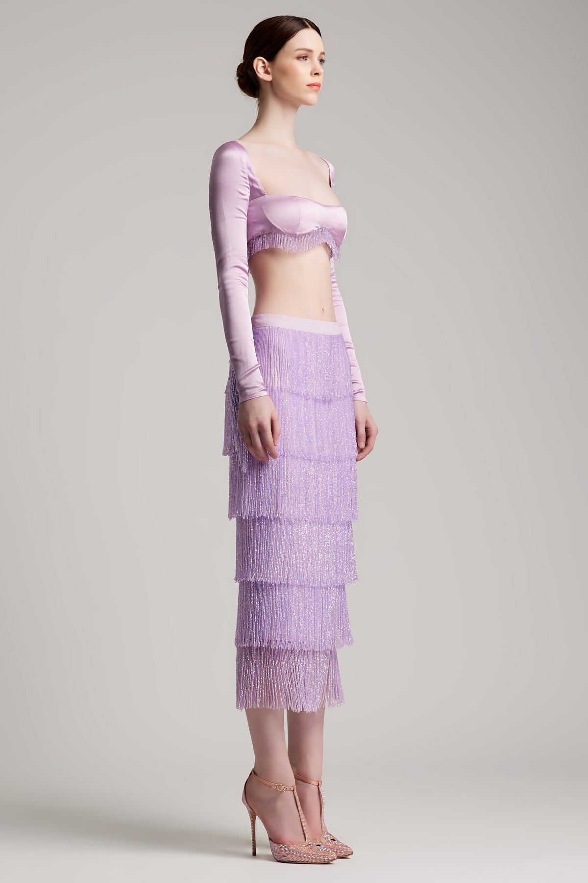 Tiered Crystal Fringe High Waisted Skirt in Lilac