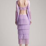 Tiered Crystal Fringe High Waisted Skirt in Lilac