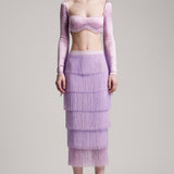 Tiered Crystal Fringe High Waisted Skirt in Lilac