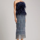 Ostrich Feather Embellished Strapless Peplum Top in Midnight Blue