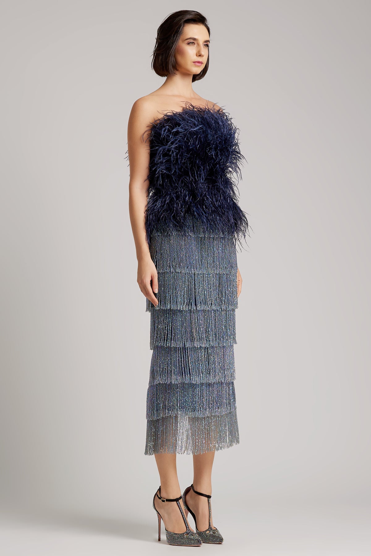 Ostrich Feather Embellished Strapless Peplum Top in Midnight Blue