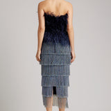 Ostrich Feather Embellished Strapless Peplum Top in Midnight Blue