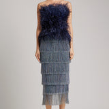 Ostrich Feather Embellished Strapless Peplum Top in Midnight Blue