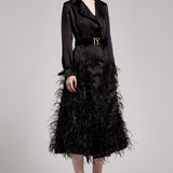 Silk Gazar Ostrich Feathers Embellished Trench Coat in Black