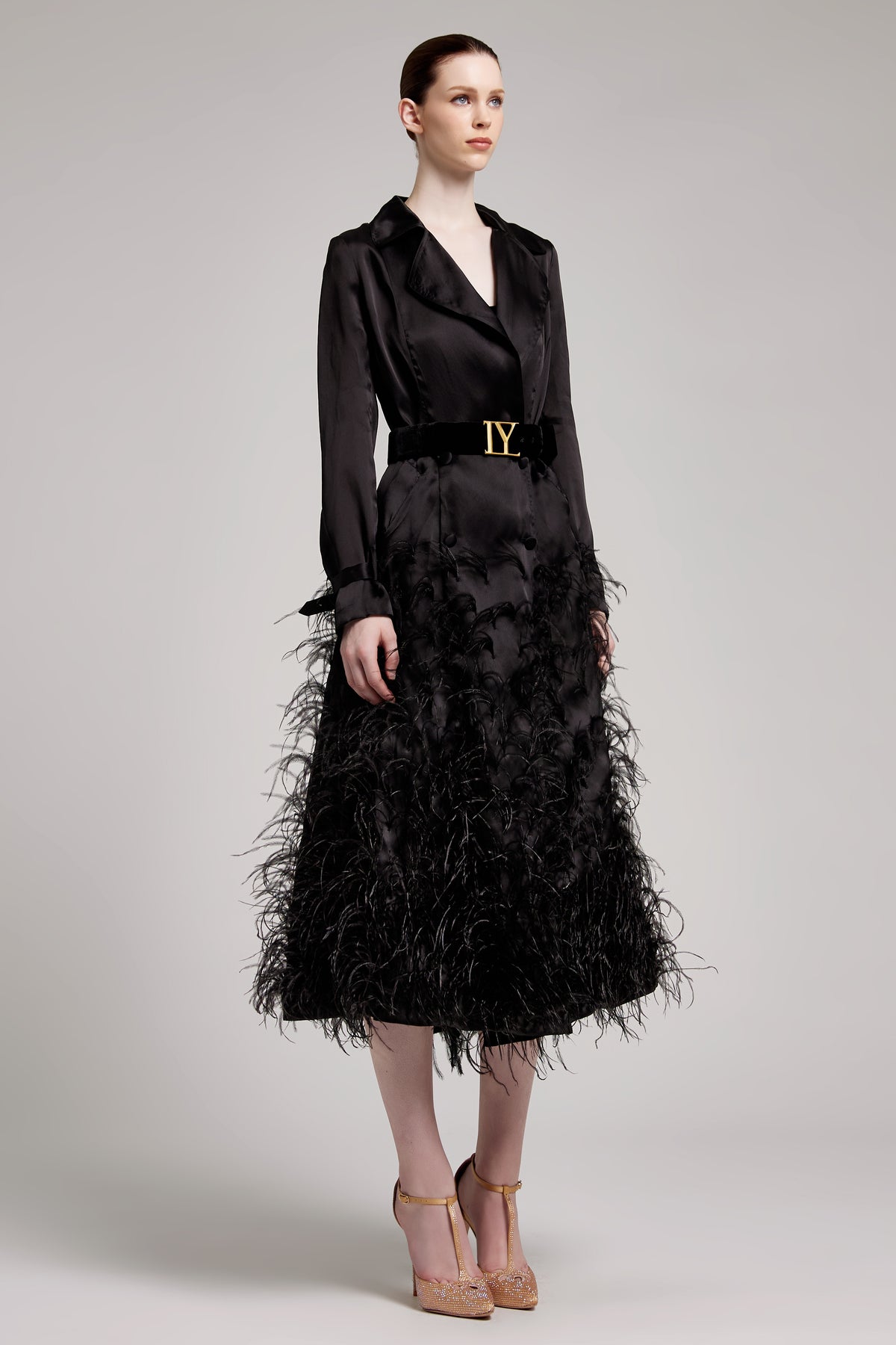 Silk Gazar Ostrich Feathers Embellished Trench Coat in Black