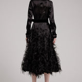 Silk Gazar Ostrich Feathers Embellished Trench Coat in Black
