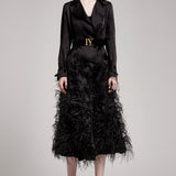 Silk Gazar Ostrich Feathers Embellished Trench Coat in Black