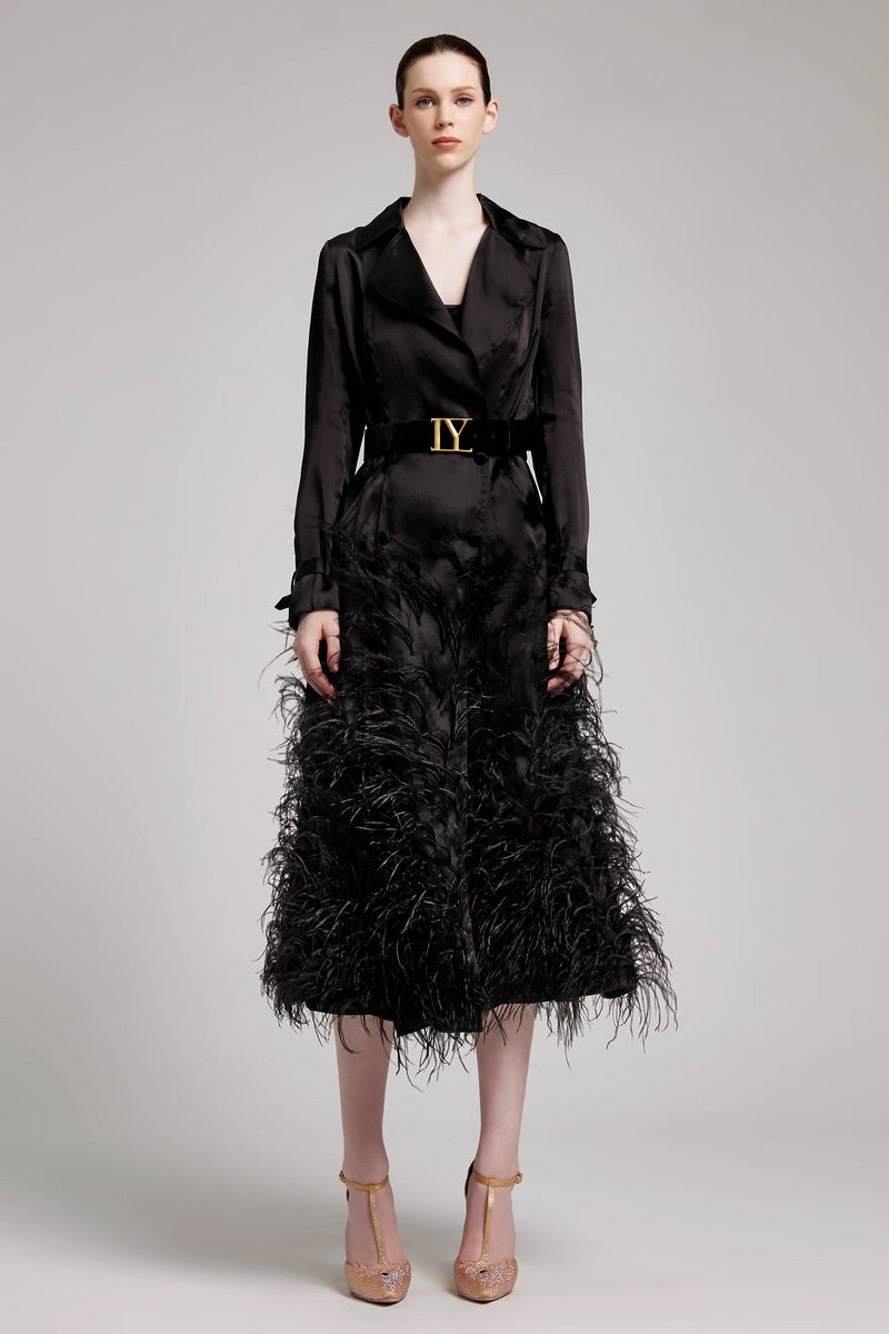 Silk Gazar Ostrich Feathers Embellished Trench Coat in Black