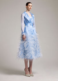 Silk Gazar Ostrich Feathers Embellished Trench Coat in Blue