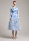 Silk Gazar Ostrich Feathers Embellished Trench Coat in Blue