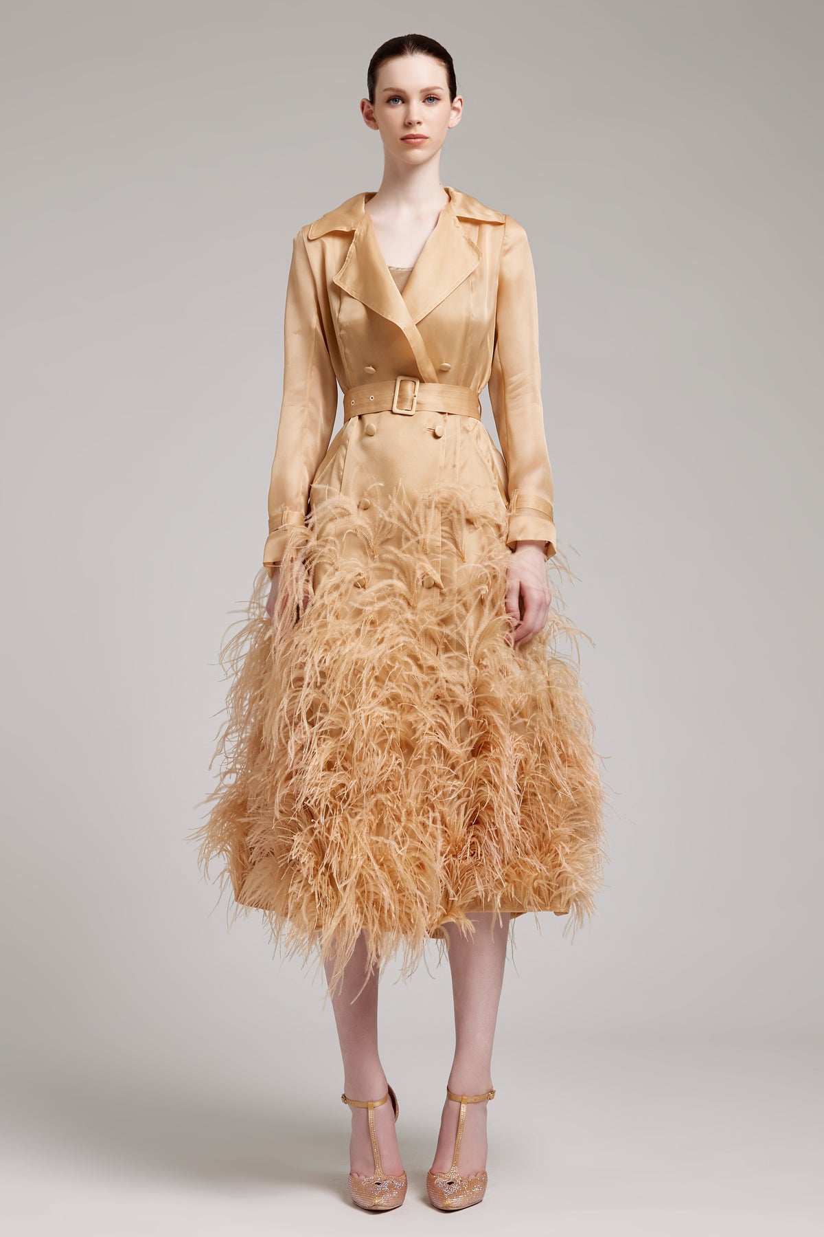 Silk Gazar Ostrich Feathers Embellished Trench Coat in Champagne