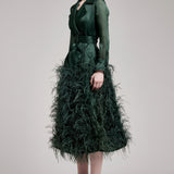Silk Gazar Ostrich Feathers Embellished Trench Coat in Emerald Green