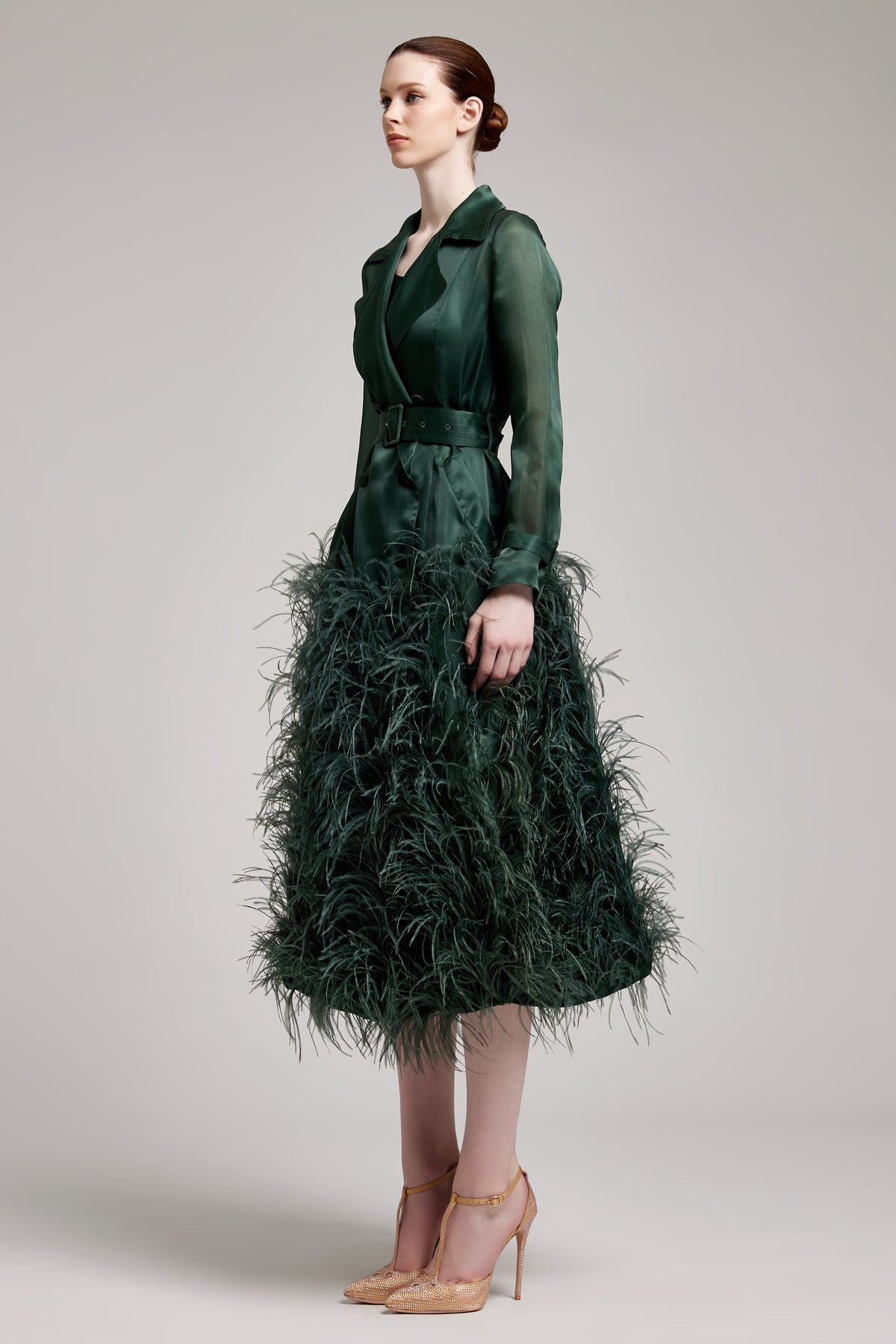 Silk Gazar Ostrich Feathers Embellished Trench Coat in Emerald Green