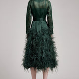 Silk Gazar Ostrich Feathers Embellished Trench Coat in Emerald Green