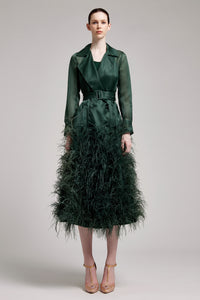 Silk Gazar Ostrich Feathers Embellished Trench Coat in Emerald Green