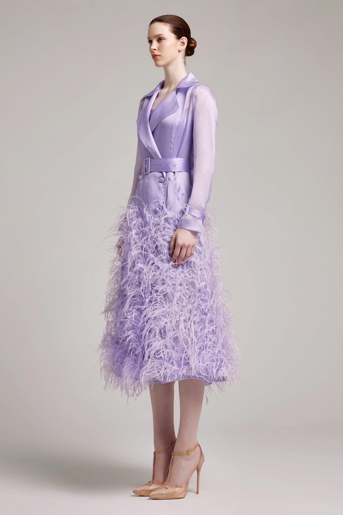 Silk Gazar Ostrich Feathers Embellished Trench Coat in Lilac