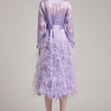 Silk Gazar Ostrich Feathers Embellished Trench Coat in Lilac