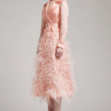 Silk Gazar Ostrich Feathers Embellished Trench Coat in Pink