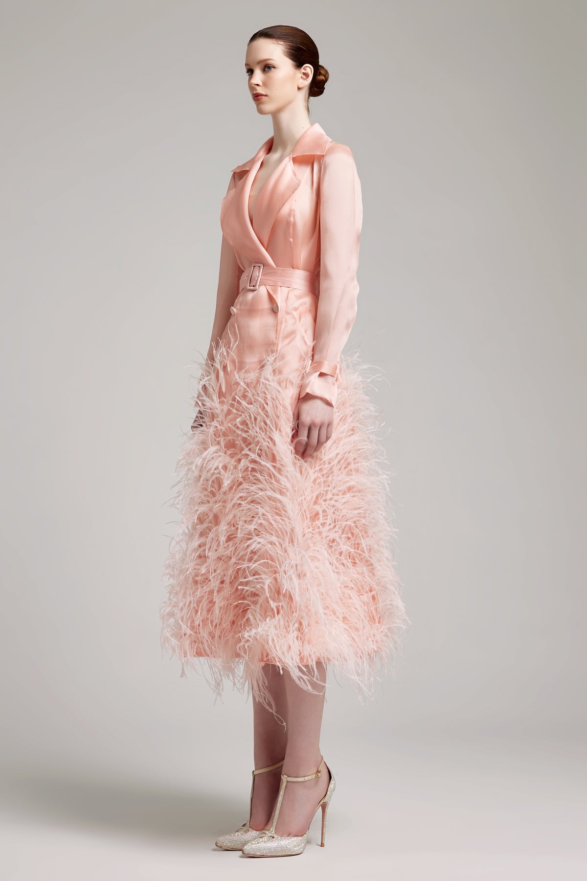 Silk Gazar Ostrich Feathers Embellished Trench Coat in Pink