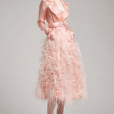 Silk Gazar Ostrich Feathers Embellished Trench Coat in Pink