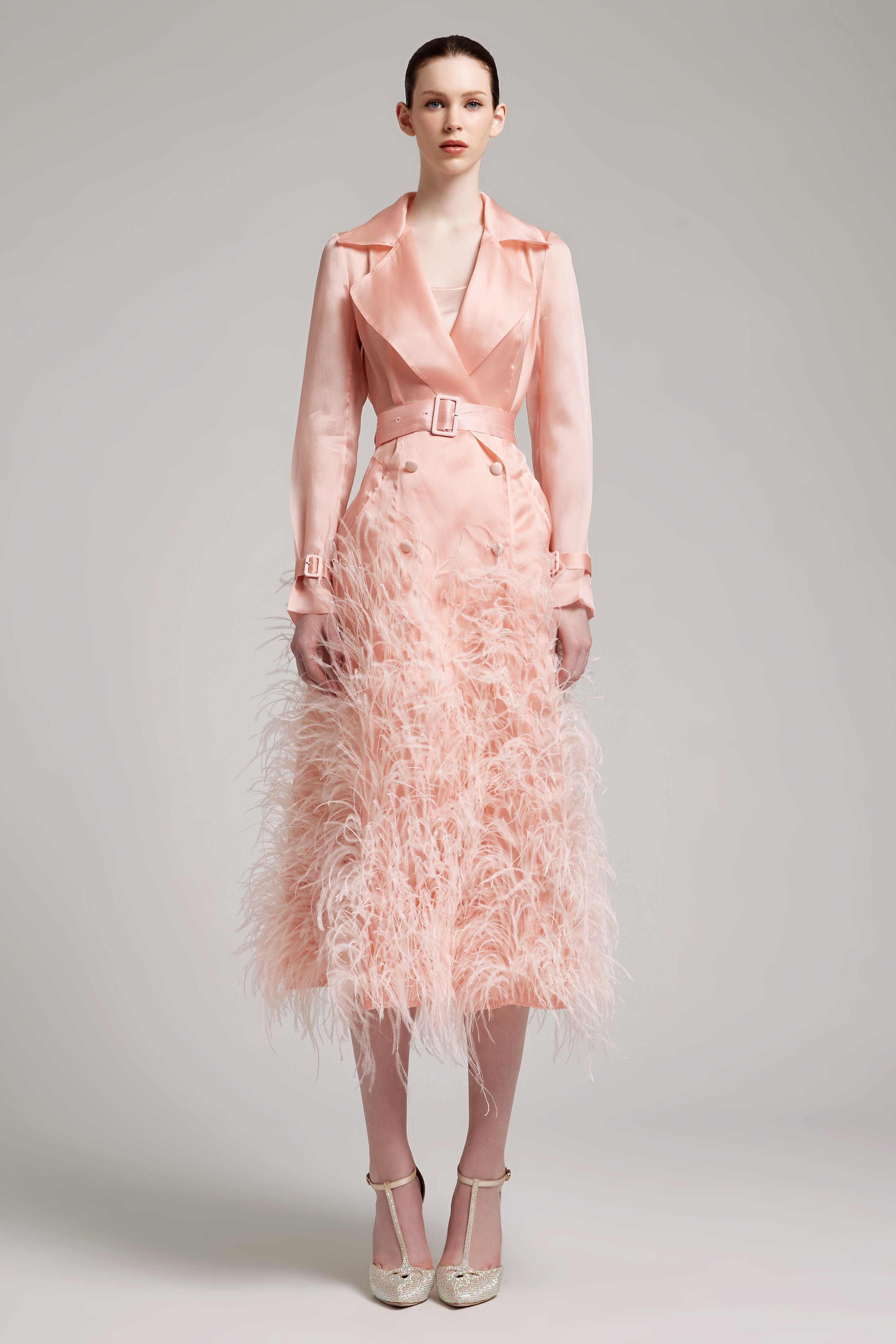 Silk Gazar Ostrich Feathers Embellished Trench Coat in Pink – IVAN YOUNG