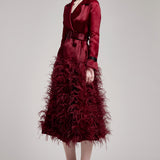 Silk Gazar Ostrich Feathers Embellished Trench Coat in Rosewood