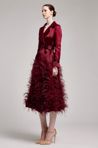 Silk Gazar Ostrich Feathers Embellished Trench Coat in Rosewood