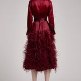 Silk Gazar Ostrich Feathers Embellished Trench Coat in Rosewood