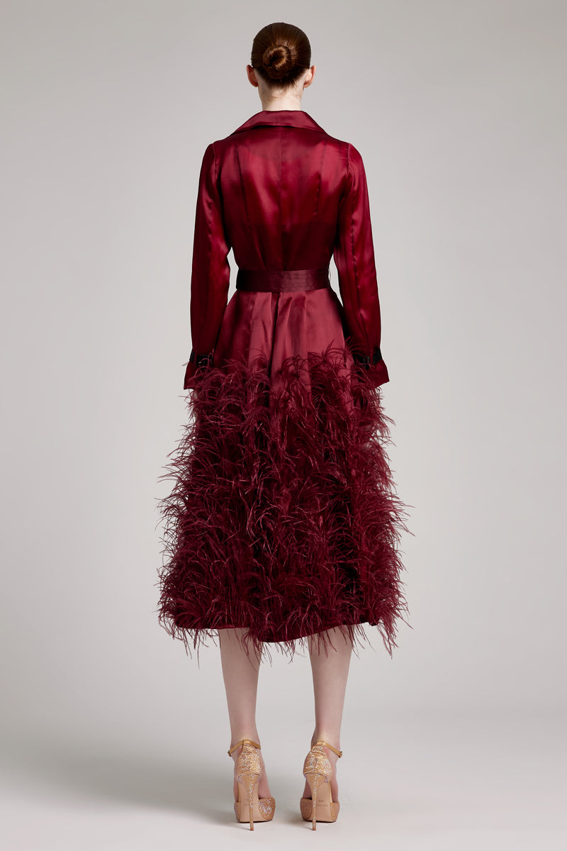 Silk Gazar Ostrich Feathers Embellished Trench Coat in Rosewood