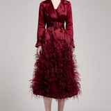 Silk Gazar Ostrich Feathers Embellished Trench Coat in Rosewood