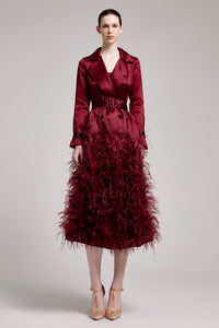 Silk Gazar Ostrich Feathers Embellished Trench Coat in Rosewood