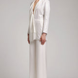 Rhinestone Embellished Coat Dress with Silk Satin Scarf Lapel in White
