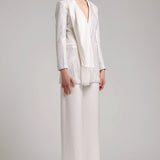 Rhinestone Embellished Coat Dress with Silk Satin Scarf Lapel in White