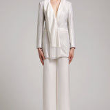 Rhinestone Embellished Coat Dress with Silk Satin Scarf Lapel in White