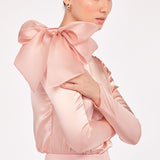Silk Satin Button and Bow Embellished Blouse with Long Sleeves in Blush Pink