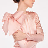 Silk Satin Button and Bow Embellished Blouse with Long Sleeves in Blush Pink