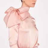 Silk Satin Button and Bow Embellished Blouse with Long Sleeves in Blush Pink
