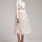 Silk Satin Button and Bow Embellished Blouse with Long Sleeves In White