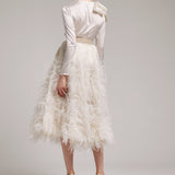 Silk Satin Button and Bow Embellished Blouse with Long Sleeves In White