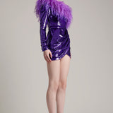 Ostrich Feather and Sequin Embellished Asymmetrical Mini Dress in Purple