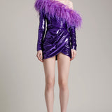 Ostrich Feather and Sequin Embellished Asymmetrical Mini Dress in Purple