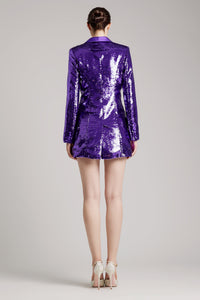 Sequin Embellished Coat Dress with Silk Satin Lapels in Purple