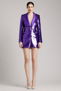 Sequin Embellished Coat Dress with Silk Satin Lapels in Purple