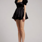 Puffed Sleeves Silk Gazar Mini Dress in Black