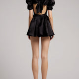 Puffed Sleeves Silk Gazar Mini Dress in Black