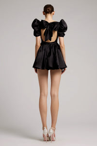 Puffed Sleeves Silk Gazar Mini Dress in Black